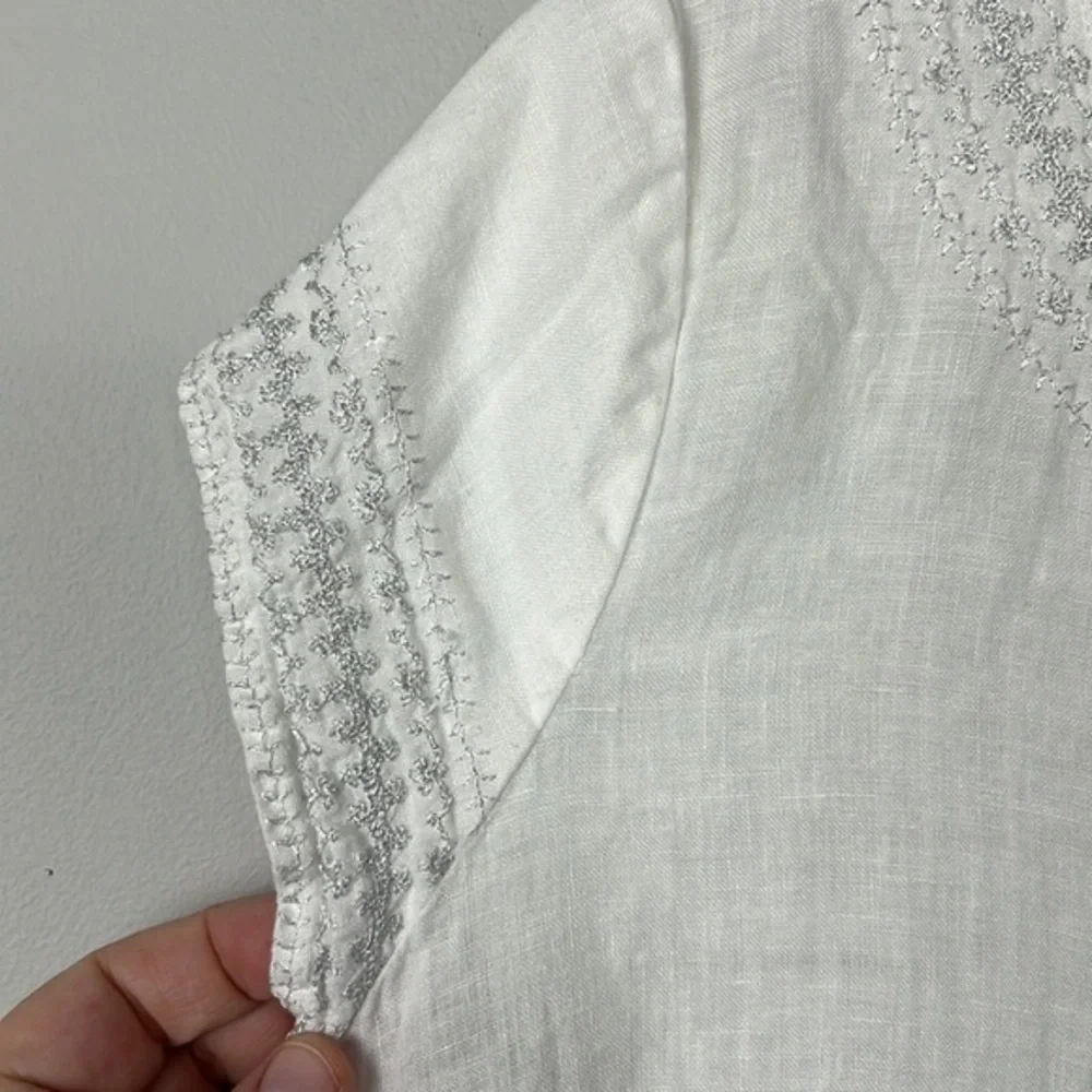 Saint Tropez West White Linen Crochet-Trim Cap Sleeve Top - Picture 3 of 7